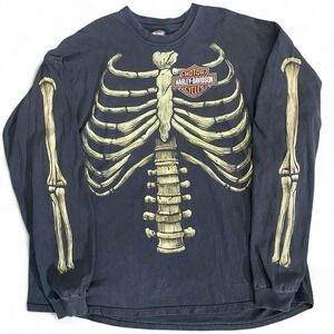 Harley Davidson Shirt Mens 3XL‎ Black Skeleton Bones AOP Flint, Michigan Vintage